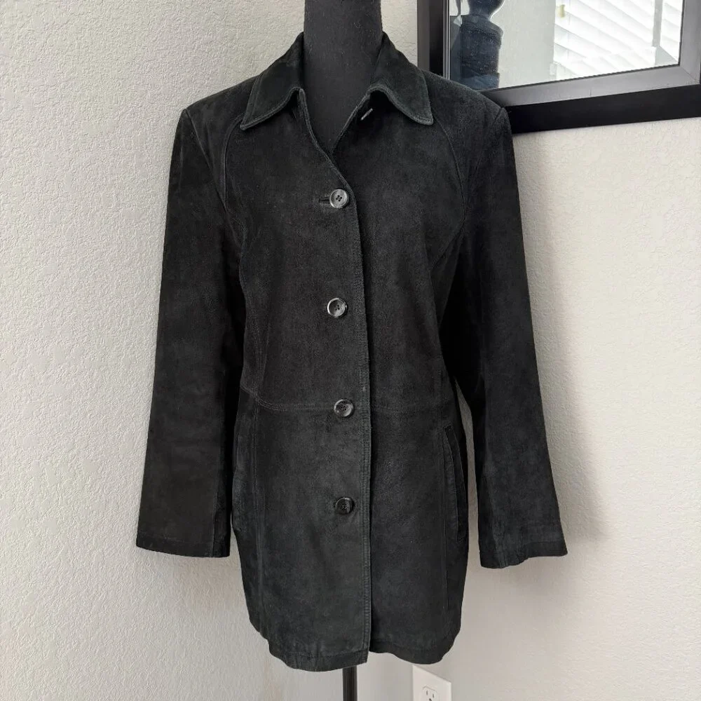Vintage 90s BERNARDO Suede Leather Car Coat Jacket Black Large